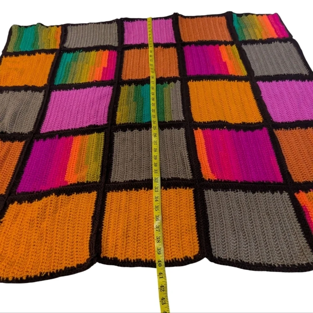 Rainbow Afghan Blanket Throw Handmade Squares Pink Orange Green Yellow 40x48